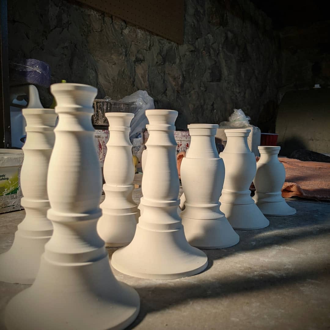 Hand-carved porcelain candlesticks in progress