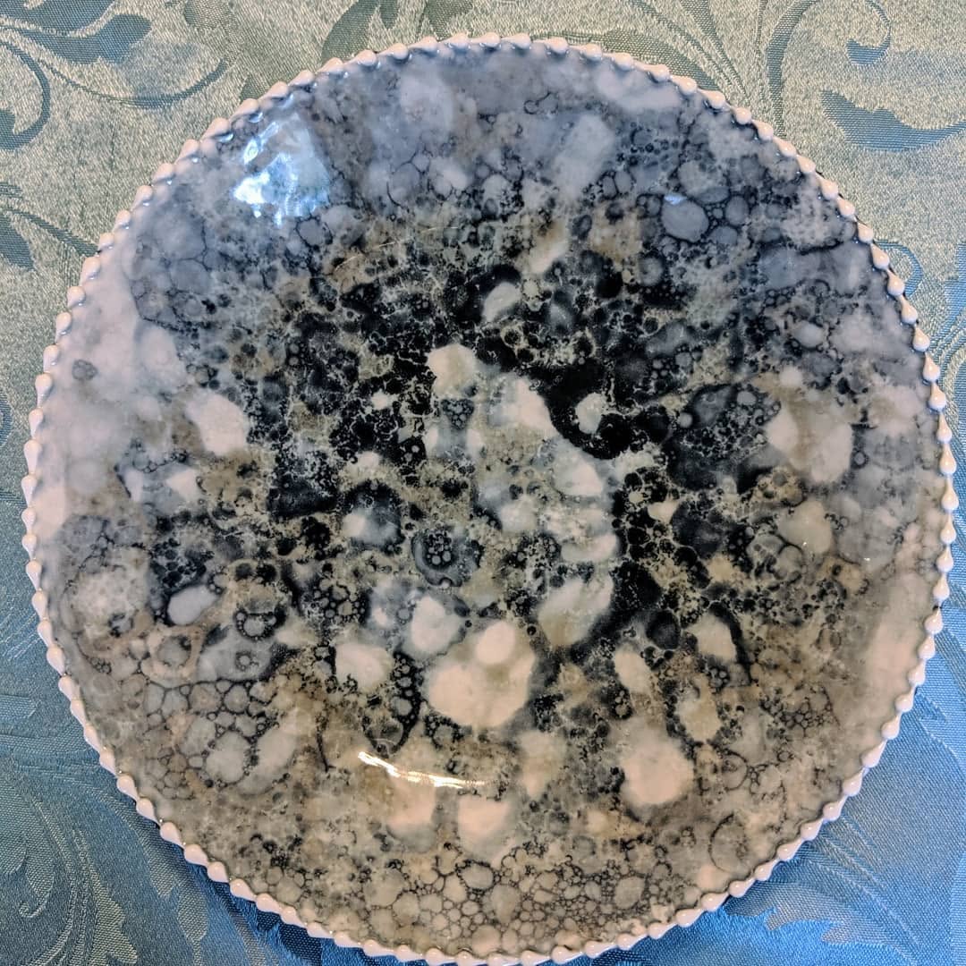 Layered glaze shallow porcelain bowl, kiln-fired