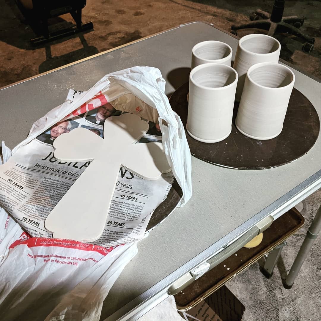 Porcelain pieces in progress in Cate Ranieri's home studio